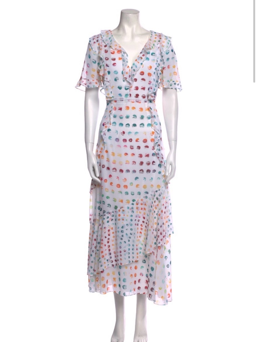 Monique Lhuillier Multi-Color Dot Ruffle Midi Dress // size 8
